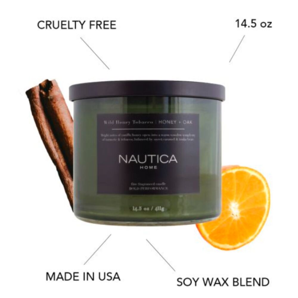 Nautica Scented Candle Honey Tobacco Soy Wax Blend 3-Wick Jar Slow Burn Large - Picture 3 of 3